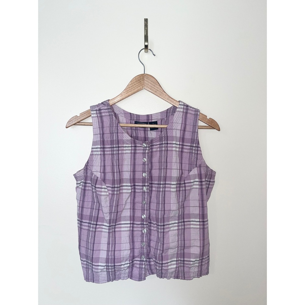 Sonoma Y2K Vibe Woman Purple Plaid Seersucker Sleeveless Button Front Top Small